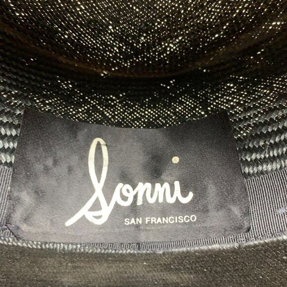 Vintage 1980\'s Sonni SF Black Gold Wide Brim Woven Hat Sequin Jewel Statement